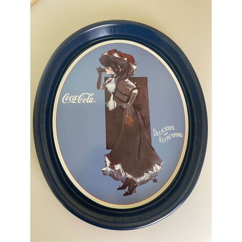 Vintage Coca Cola 1991 Calendar Girl Metal Serving Tray Blue Rim
